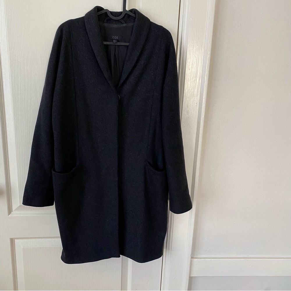$449 COS Black Herringbone Minimalist Wool Cashmere Oversized Long Jacket Coat 4